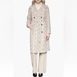 NEW! AVEC LES FILLES Wool Blend Checkered Blanket Stitch Coat Sand Size L